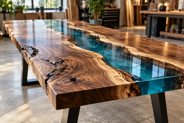 Finished live-edge river table with blue-tinted clear epoxy