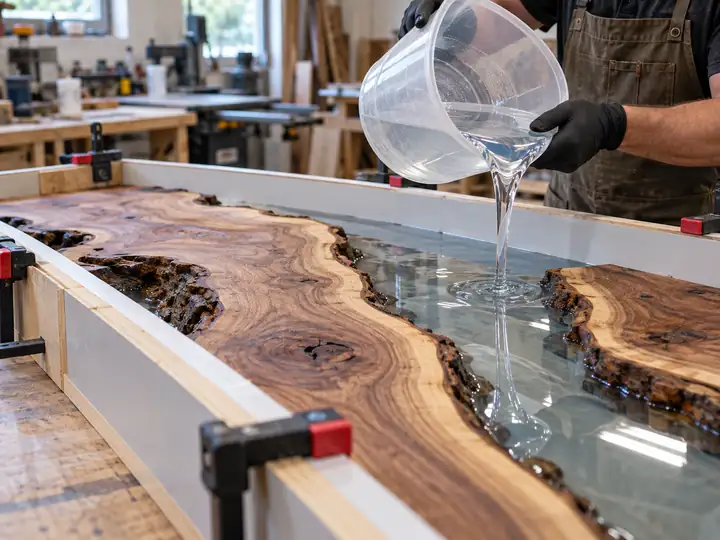 Pouring Deep Pour Epoxy into a river table mold
