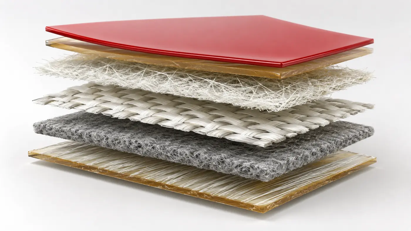 Mô phỏng cấu trúc nhiều lớp của laminate FRP gồm gelcoat, fiberglass và vật liệu lõi